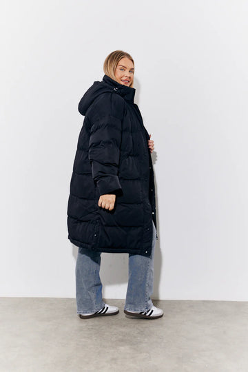 Black Hooded Longline Popper Puffer Coat